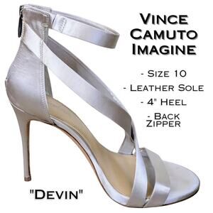Vince Camuto Imagine Devin Heels 10 Silver Strappy Stiletto 4" Leather Fabric